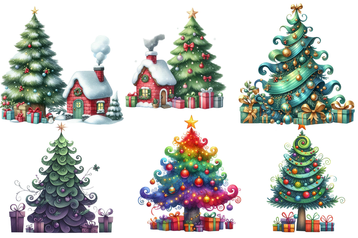 Christmas Tree Clipart PNG Bundle | Watercolor Cute Christmas Tree Clipart | Festive Holiday Tree Sublimation PNG