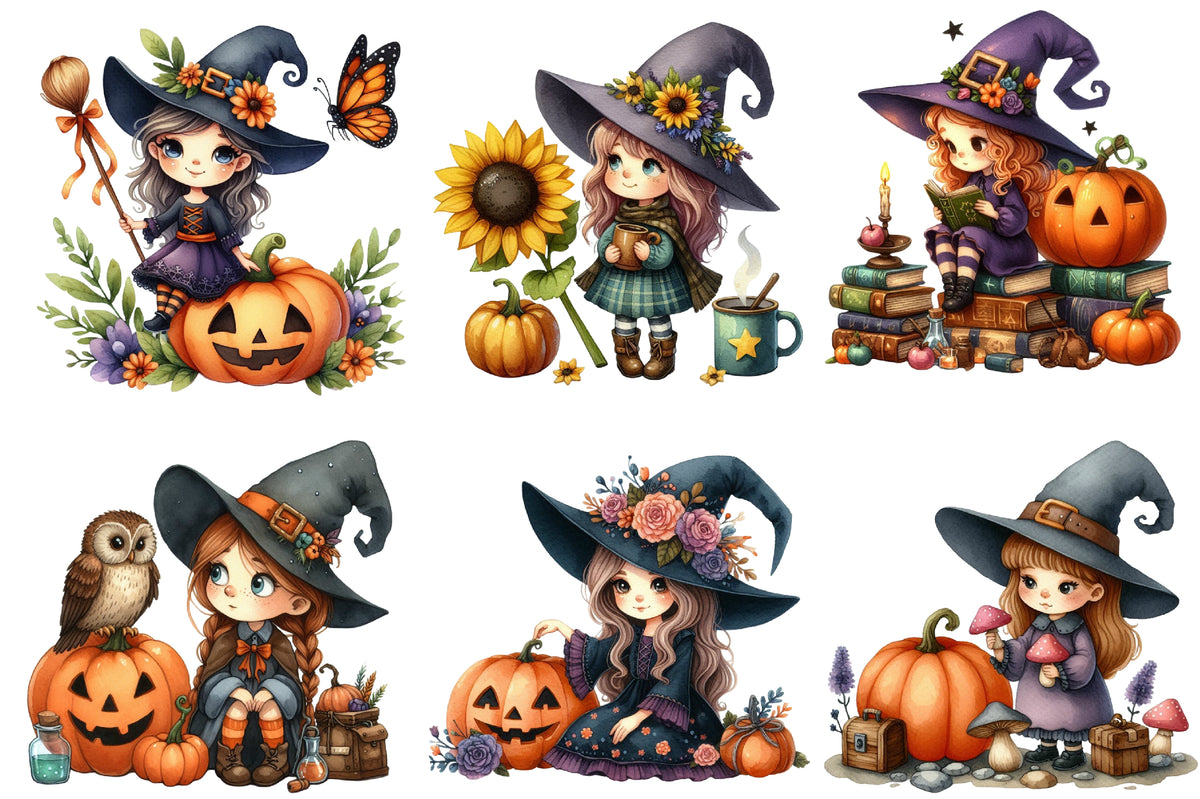 Halloween Witch PNG Bundle | Cute Witch Clipart, Floral Witch, Pumpkin & Black Cat