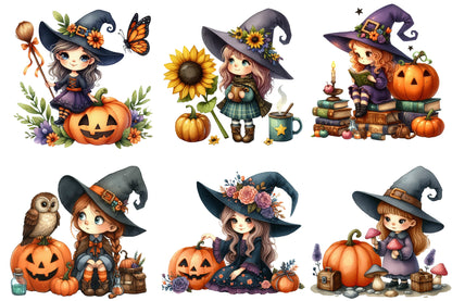 Halloween Witch PNG Bundle | Cute Witch Clipart, Floral Witch, Pumpkin & Black Cat