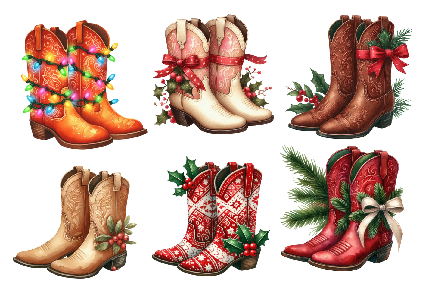 Christmas Cowboy Boots Clipart PNG Bundle | Watercolor Western Christmas Boots Clipart | Country Holiday Sublimation PNG