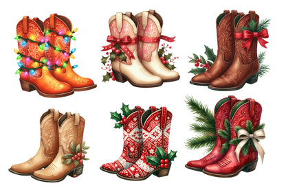 Christmas Cowboy Boots Clipart PNG Bundle | Watercolor Western Christmas Boots Clipart | Country Holiday Sublimation PNG