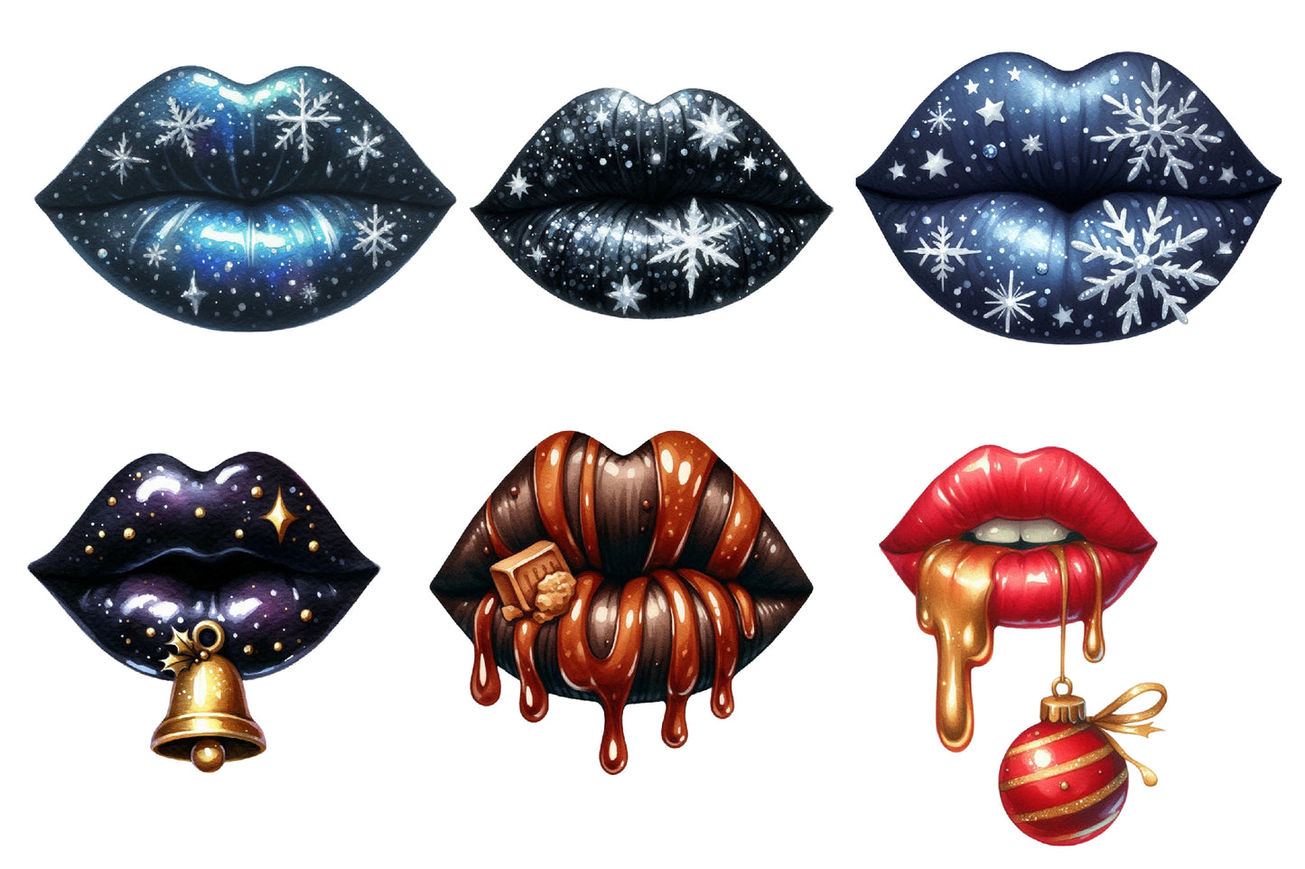 Christmas Lips Clipart PNG Bundle | Watercolor Festive Christmas Lips Clipart | Cute Holiday Lips Sublimation PNG