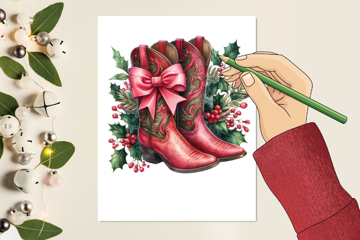Christmas Pink Cowboy Boots PNG Sublimation Bundle Western Holiday Boots Clipart