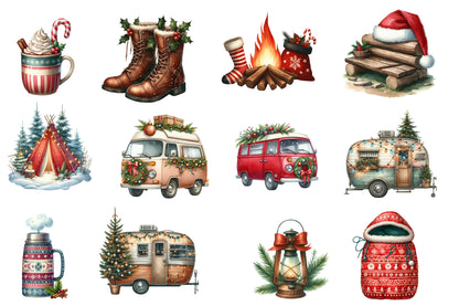 Christmas Camping Clipart PNG Bundle | Watercolor Cozy Holiday Camping Clipart | Festive Winter Camping PNG