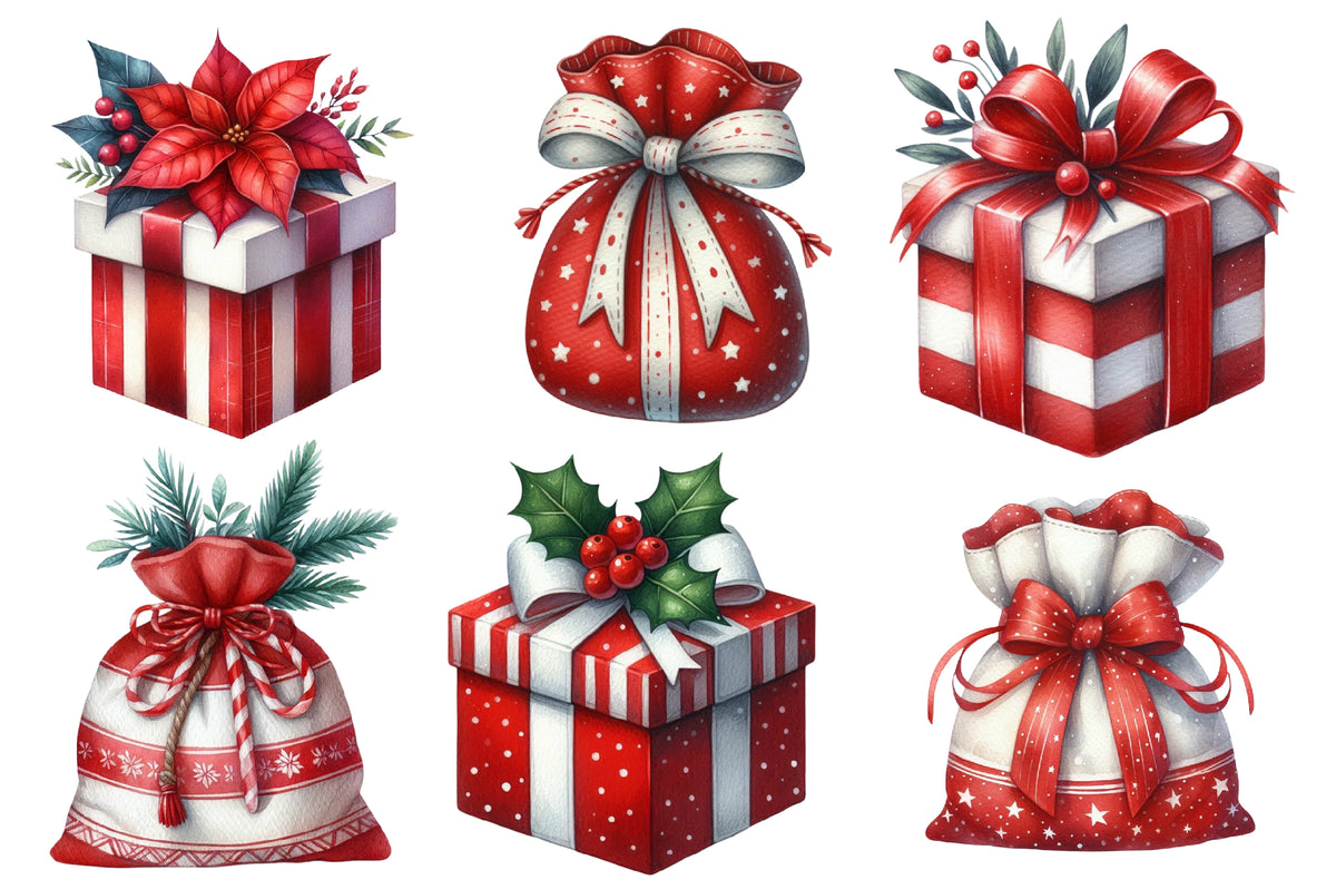 Christmas Presents & Wrapping Clipart PNG Bundle | Watercolor Christmas Gifts & Wrapping Clipart | Holiday Gift Sublimation PNG