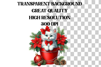 Watercolor Christmas Cat in Bucket PNG Bundle | Cute Christmas Cat Clipart | Poinsettia & Holiday Cat Sublimation