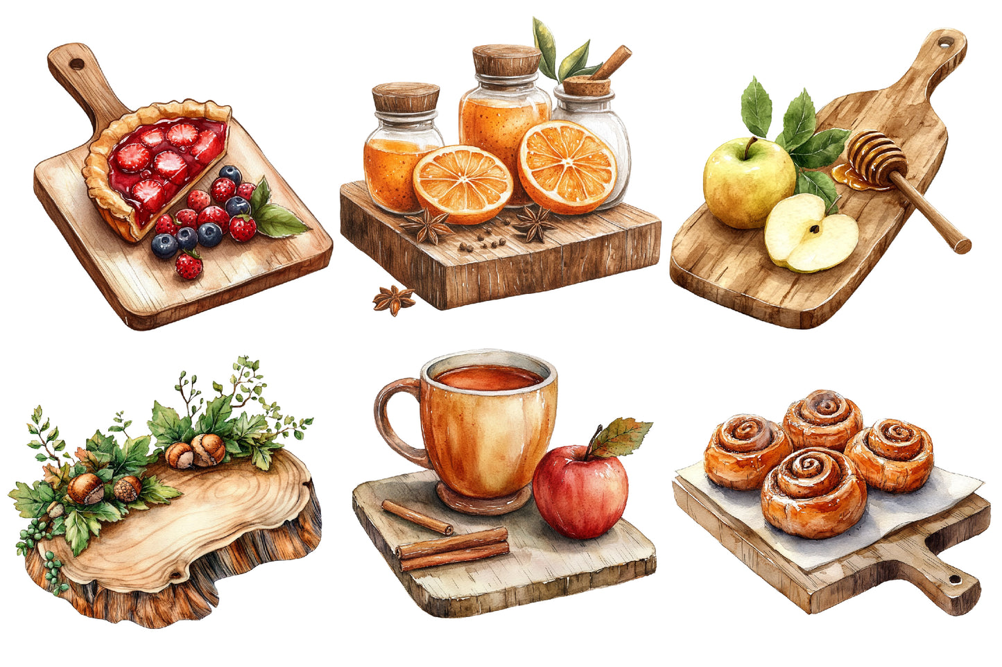 Watercolor Autumn Cutting Board Clipart PNG Bundle | Fall Kitchen, Pumpkin, Apple, Sunflower & Farmhouse Cooking PNG