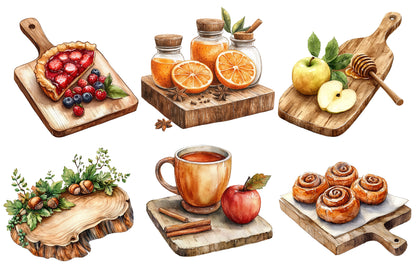 Watercolor Autumn Cutting Board Clipart PNG Bundle | Fall Kitchen, Pumpkin, Apple, Sunflower & Farmhouse Cooking PNG