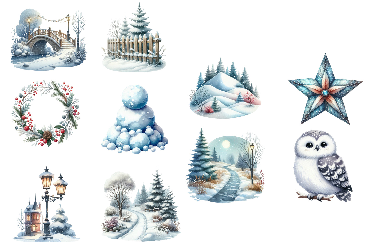 Christmas Winter Clipart PNG Bundle | Watercolor Winter Christmas Clipart | Cozy Snowy Holiday Sublimation PNG