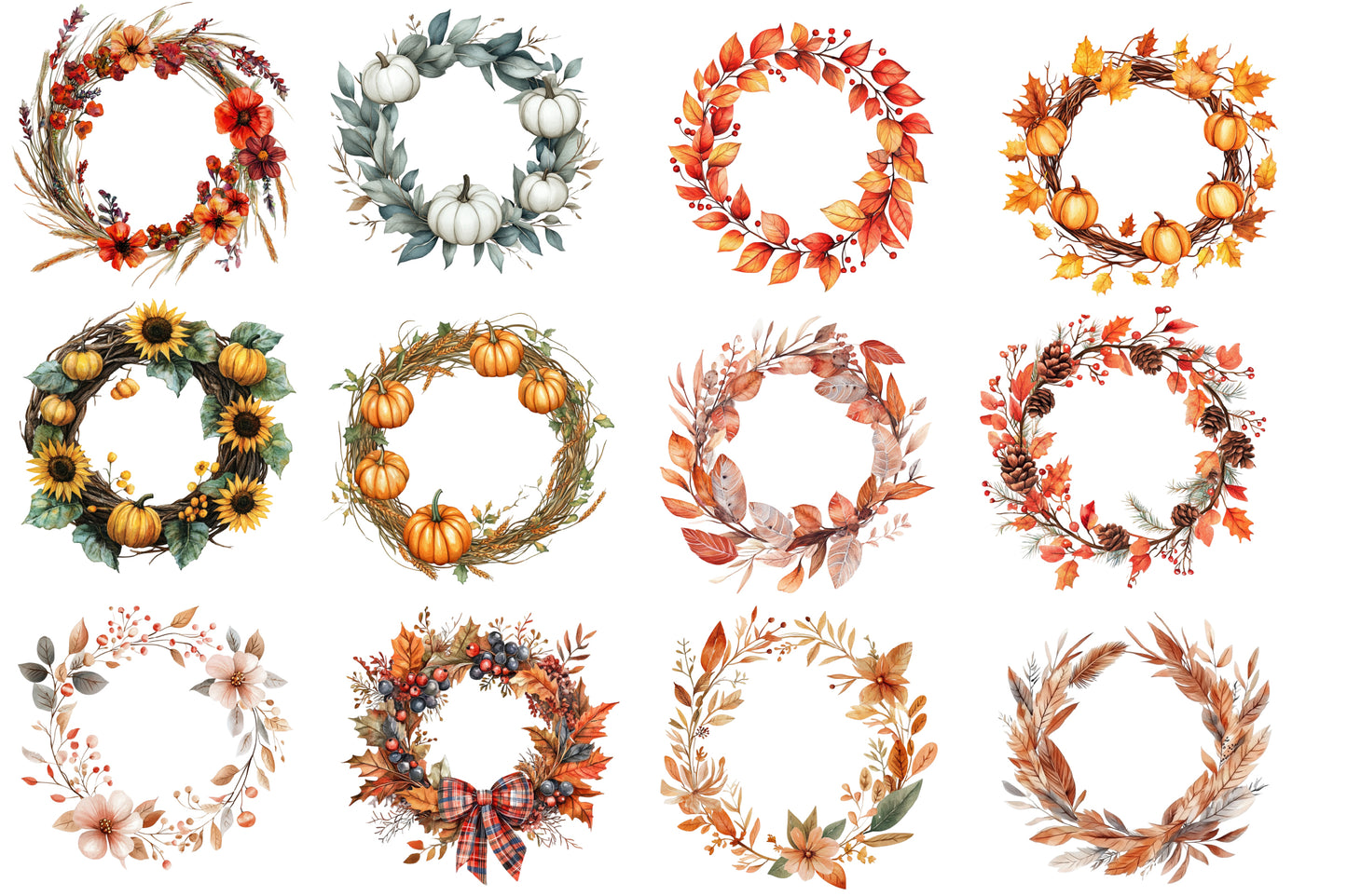 Autumn Wreath PNG Bundle | Fall Floral Wreath Clipart | 36 Watercolor Thanksgiving Wreaths Commercial Use