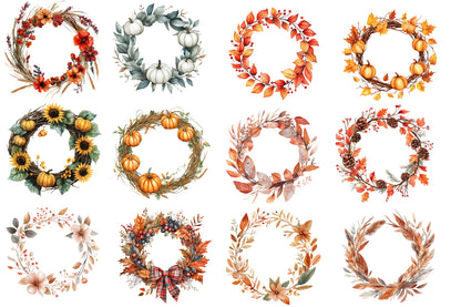 Autumn Wreath PNG Bundle | Fall Floral Wreath Clipart | 36 Watercolor Thanksgiving Wreaths Commercial Use