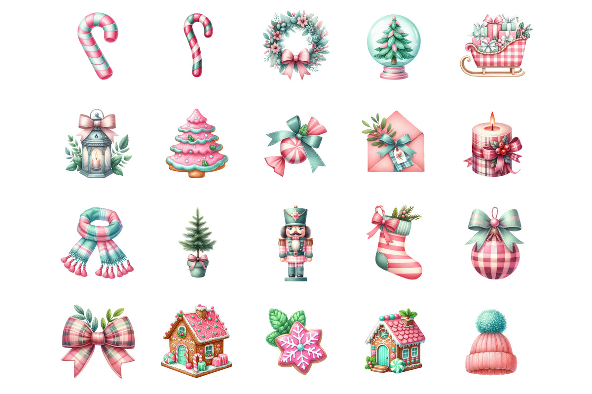Pink & Mint Christmas Watercolor Clipart PNG Bundle | Cute Christmas PNG | Pastel Holiday Sublimation