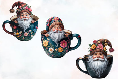 Christmas Coffee Cup Gnome PNG Clipart Bundle | Watercolor Santa Gnome Coffee Mug Designs, Floral Holiday Gnomes