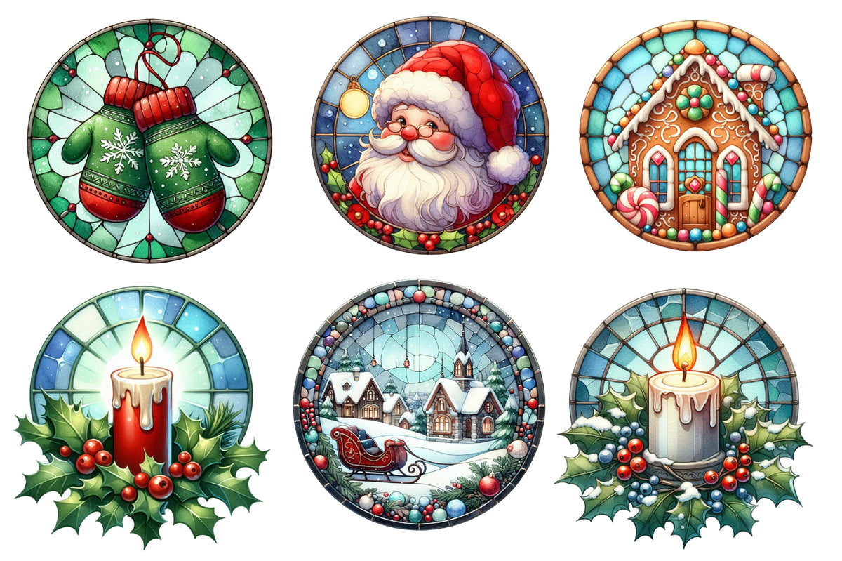 Christmas Round Stained Glass Clipart PNG Bundle | Watercolor Stained Glass Christmas Clipart | Round Holiday Sublimation PNG