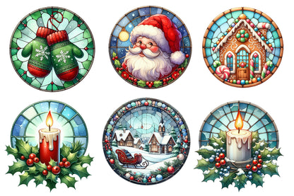 Christmas Round Stained Glass Clipart PNG Bundle | Watercolor Stained Glass Christmas Clipart | Round Holiday Sublimation PNG
