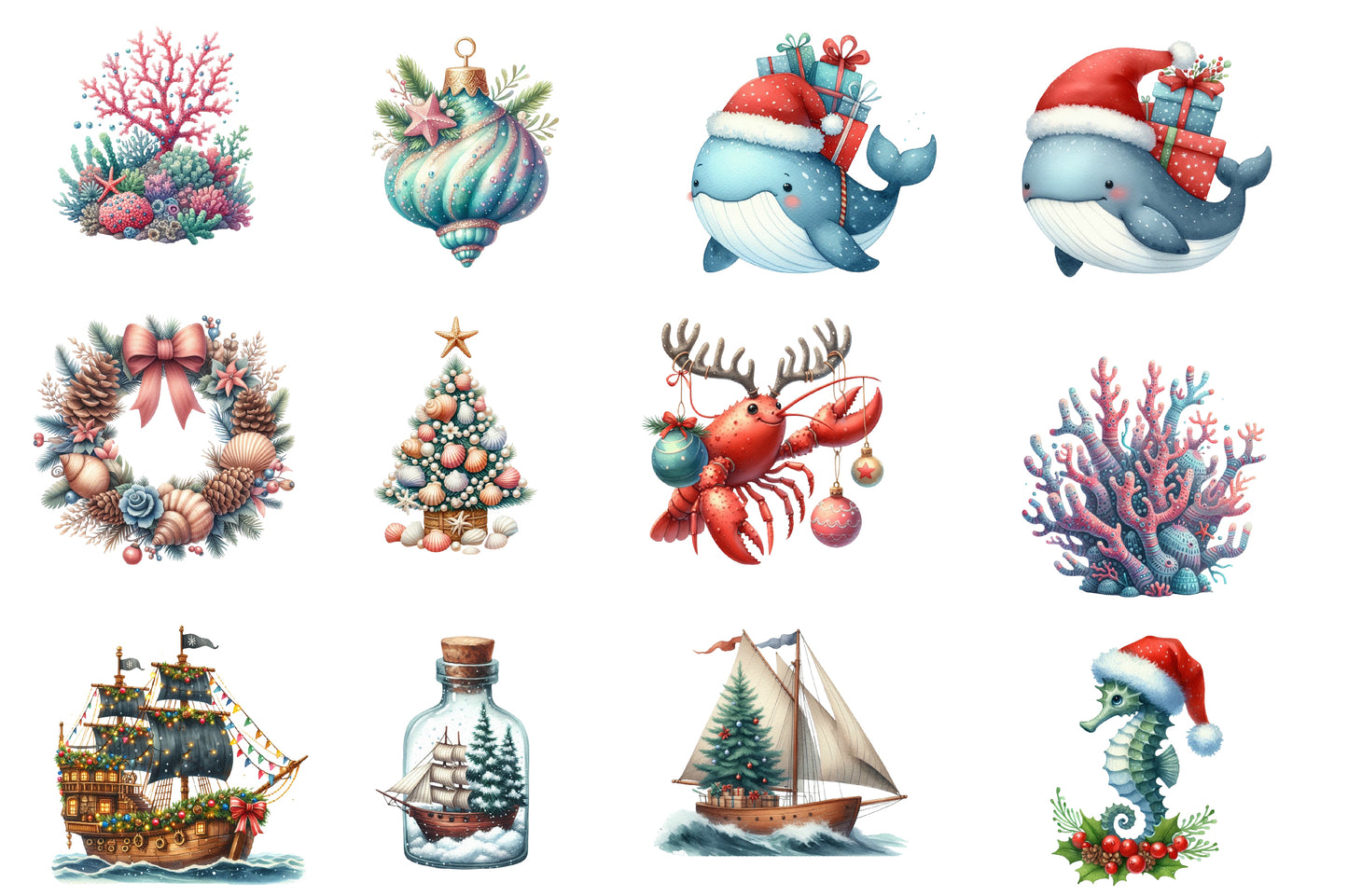 Maritime Christmas Clipart PNG Bundle | Nautical Christmas Watercolor Clipart | Coastal Holiday Sublimation PNG