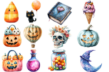 Pastel Halloween Clipart PNG Bundle | Cute Ghost, Pumpkin, Bat & Witch Clipart