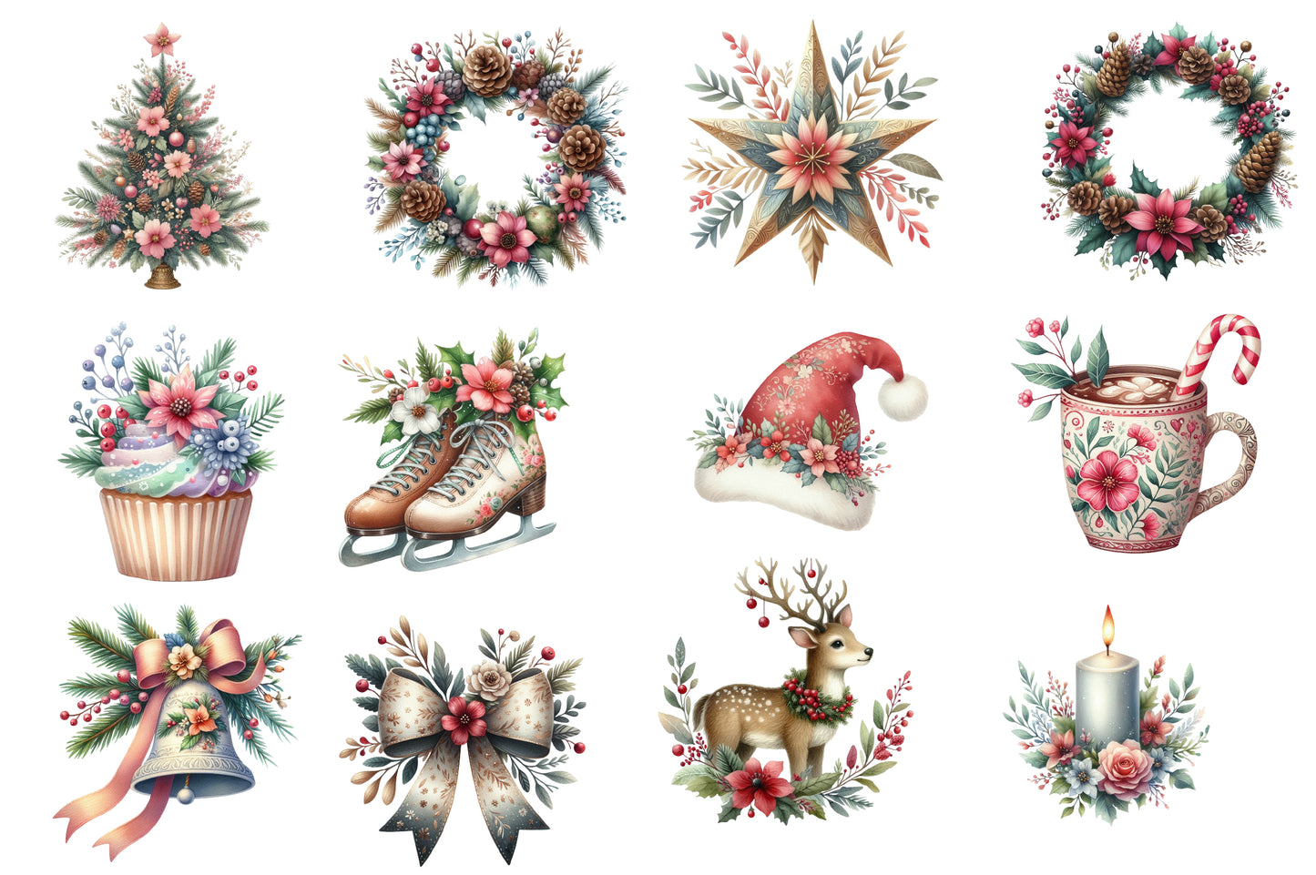 Christmas Floral Watercolor Clipart PNG Bundle | Floral Christmas Clipart | Holiday Sublimation