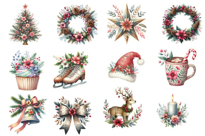 Christmas Floral Watercolor Clipart PNG Bundle | Floral Christmas Clipart | Holiday Sublimation
