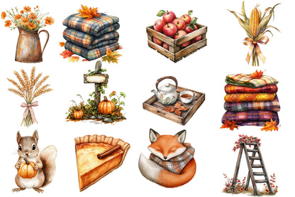 Watercolor Rustic Autumn Clipart PNG Bundle | Farmhouse Fall Pumpkin, Sunflower, Leaves & Harvest Clipart