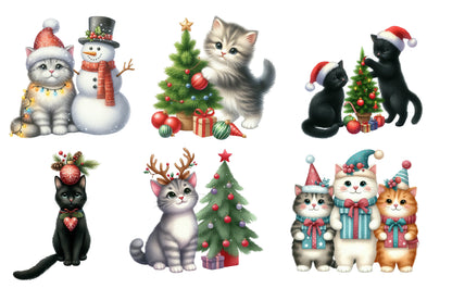 Christmas Cats Clip Art PNG Bundle | Watercolor Cute Christmas Cat Clipart | Festive Holiday Cat PNG