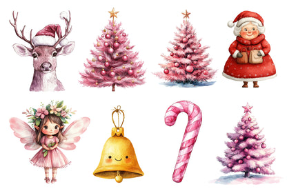 Scandi Christmas Watercolor Clipart PNG Bundle | Scandinavian Christmas Clipart | Pink Christmas Sublimation PNG