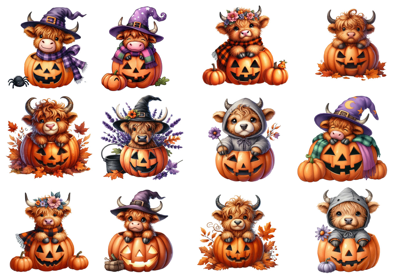 Halloween Highland Cow Clipart PNG | Cute Highland Cow Pumpkin PNG, Fall Cow Clipart,
