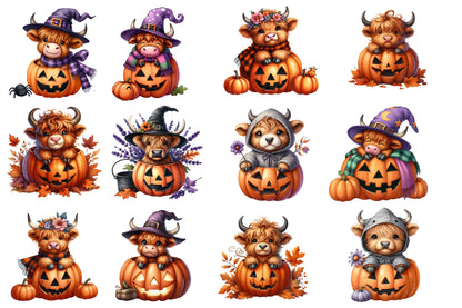 Halloween Highland Cow Clipart PNG | Cute Highland Cow Pumpkin PNG, Fall Cow Clipart,