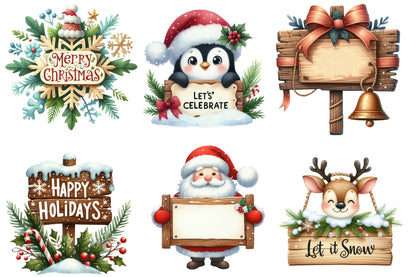 Christmas Sign Board Clipart PNG Bundle | Rustic Christmas Signs & Holiday Wood Signs | Christmas Sublimation PNG