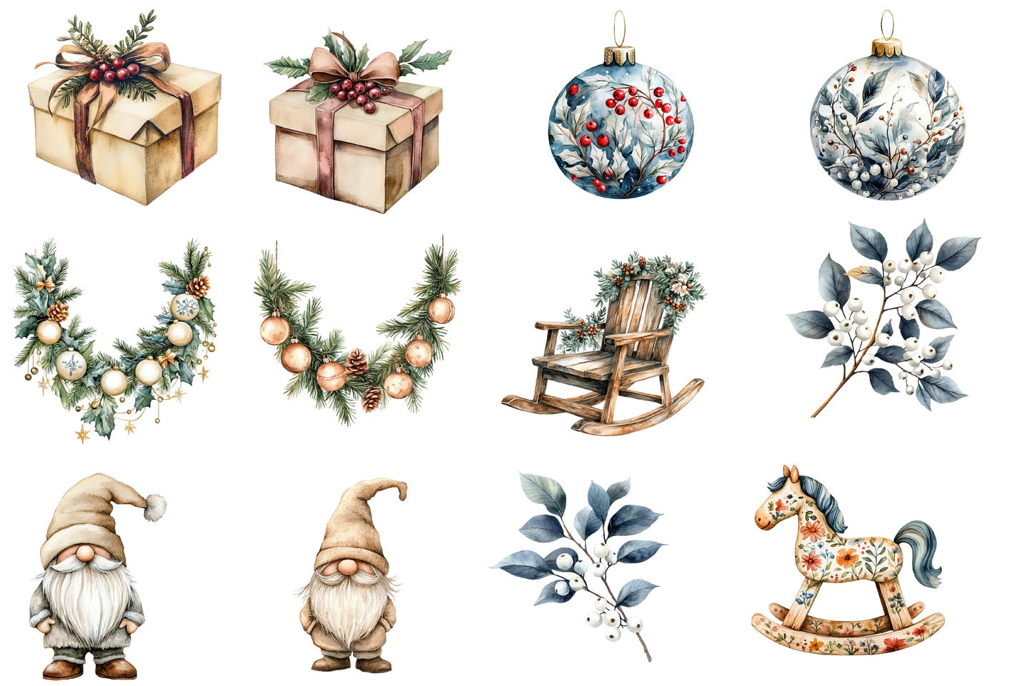 Neutral Christmas Clipart PNG Bundle | Rustic Neutral Christmas Watercolor Clipart | Cozy Winter Holiday Sublimation PNG