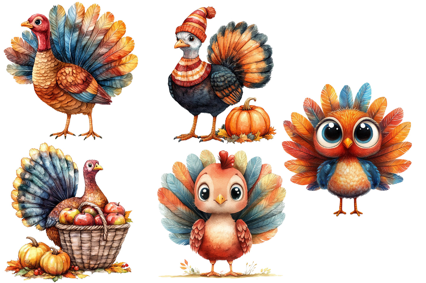 Autumn Turkeys PNG Bundle | Cute Thanksgiving Turkey Clipart | 17 Transparent Fall Turkey Sublimation