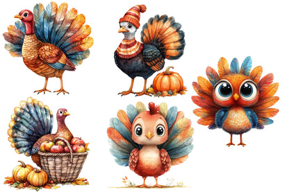 Autumn Turkeys PNG Bundle | Cute Thanksgiving Turkey Clipart | 17 Transparent Fall Turkey Sublimation