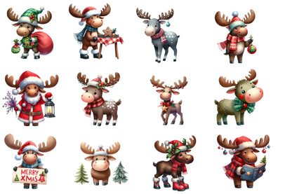 Christmas Moose Clipart PNG Bundle | Cute Moose, Reindeer, Santa Moose, Christmas Lights, Gifts & Winter Holiday Animals