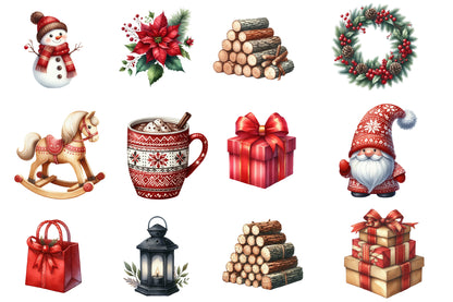 Nordic Christmas Clipart PNG Bundle | Scandinavian Christmas Watercolor Clipart | Red Christmas Sublimation PNG