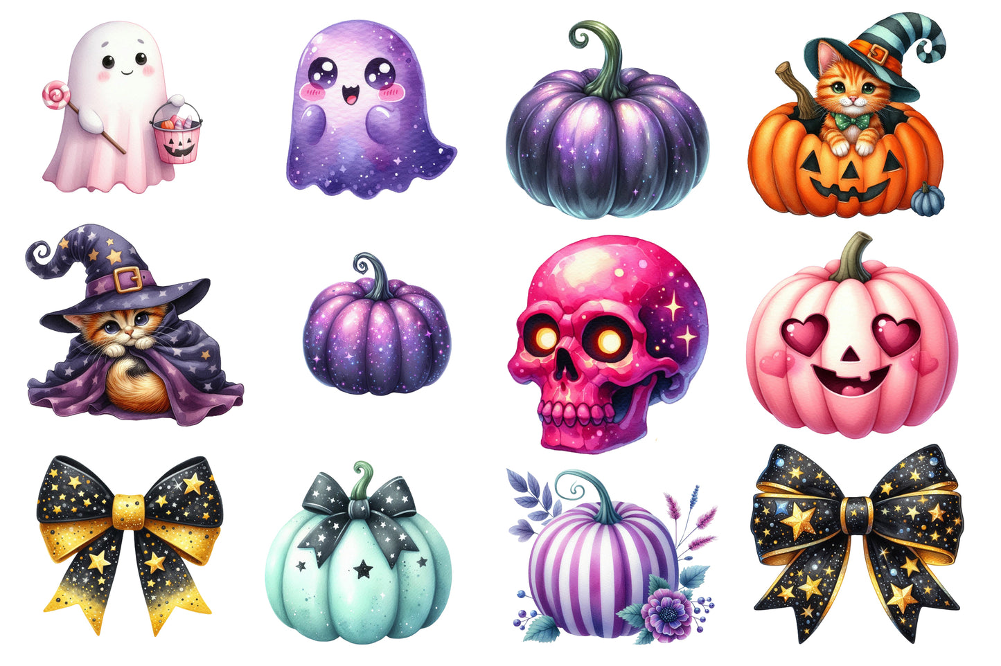 Retro Fall Halloween Watercolor Clipart PNG Bundle | Cute Halloween Clipart | Retro Halloween Sublimation PNG