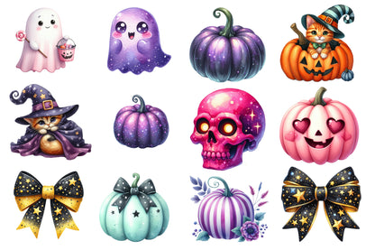 Retro Fall Halloween Watercolor Clipart PNG Bundle | Cute Halloween Clipart | Retro Halloween Sublimation PNG