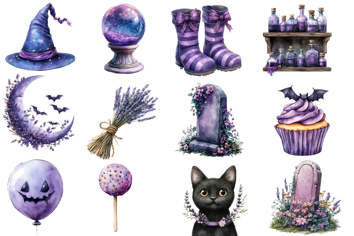 Lavender Halloween Clipart PNG Bundle | Purple Halloween Watercolor | Cute Spooky Sublimation