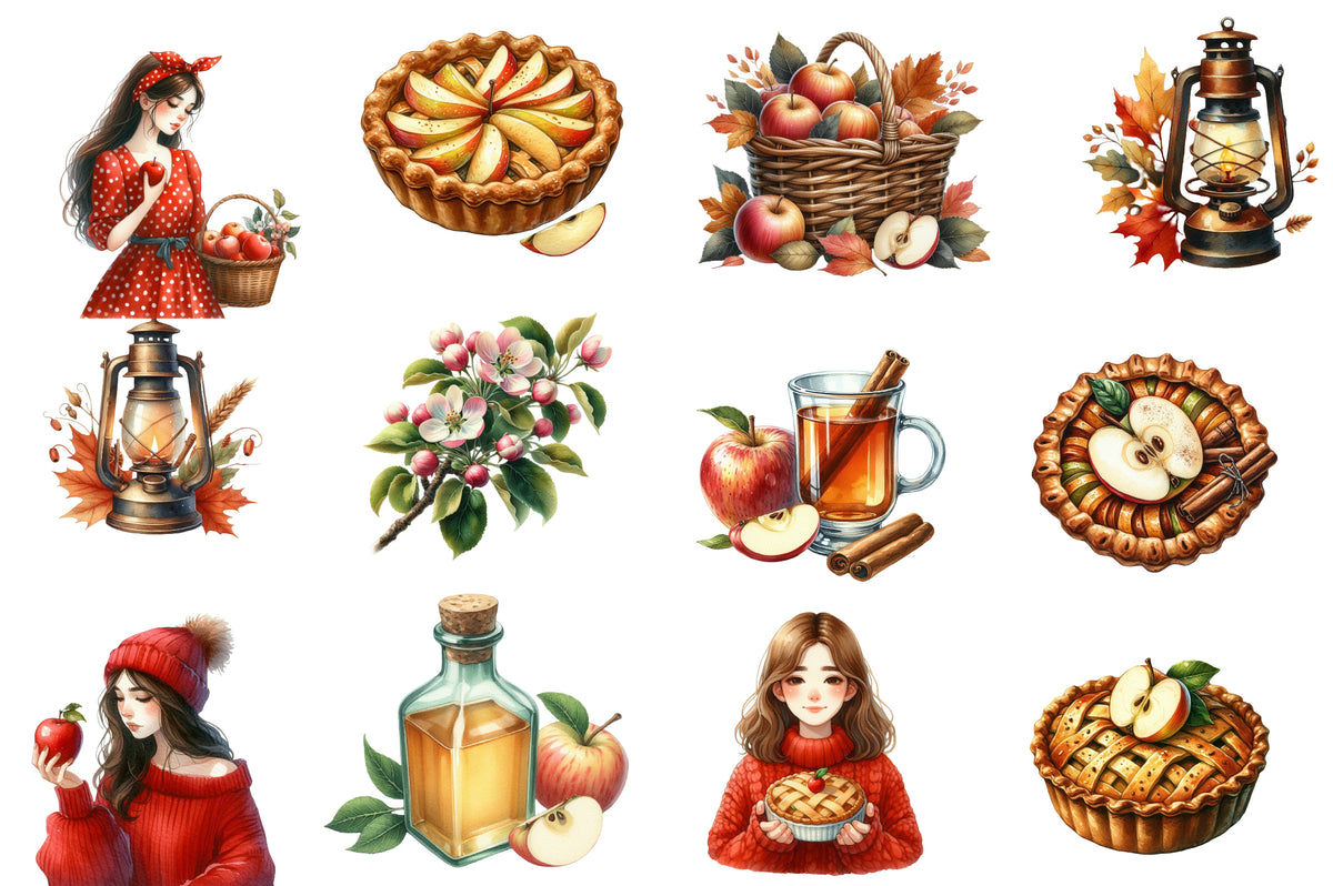 Fall Apples Watercolor Clipart PNG Bundle | Cute Apple Orchard Clipart | Autumn Sublimation