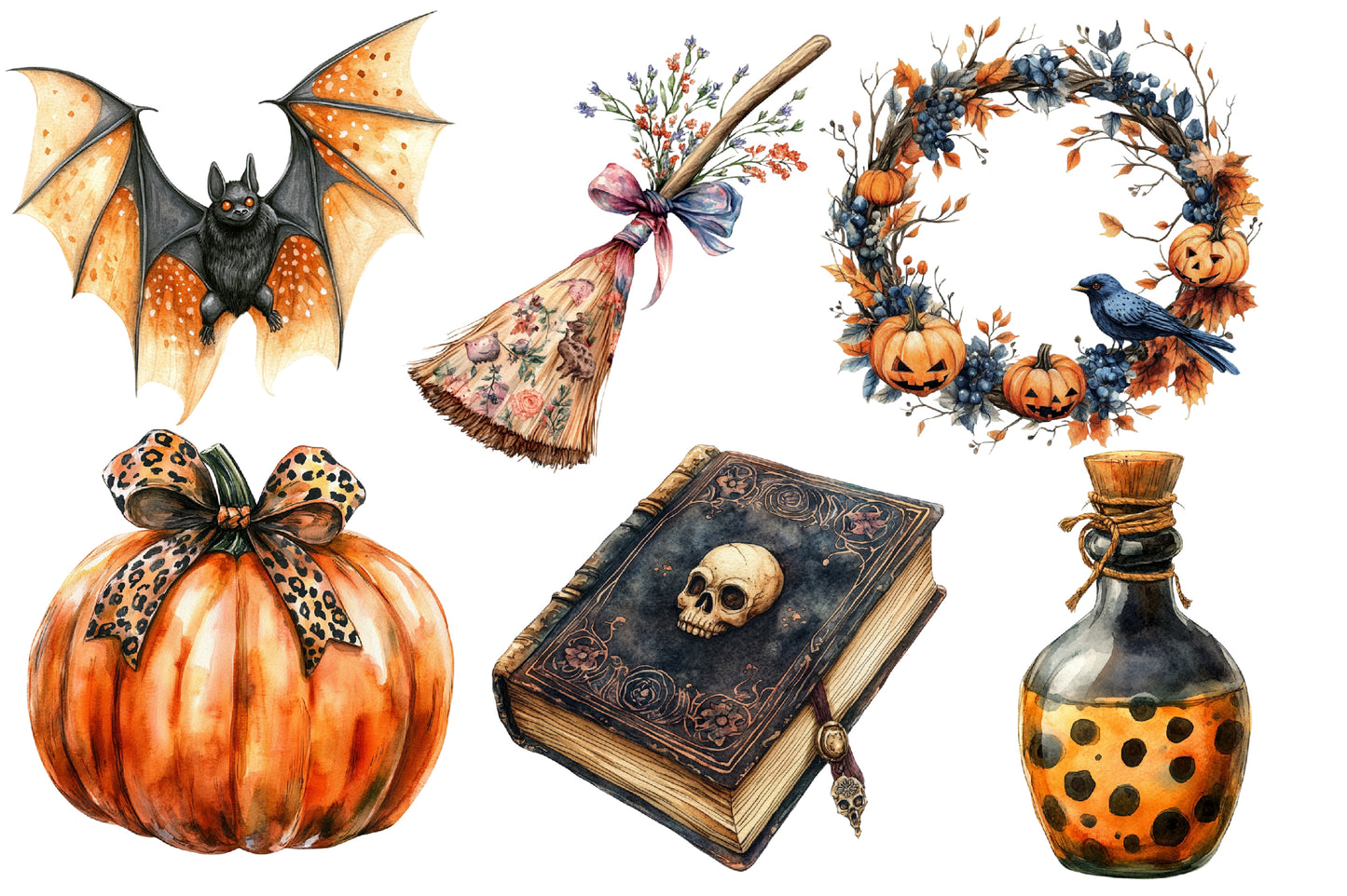Whimsy Halloween Clipart PNG Bundle | Cute Witch, Ghost, Pumpkin, Cat, Bat & Haunted House | Spooky Watercolor PNG