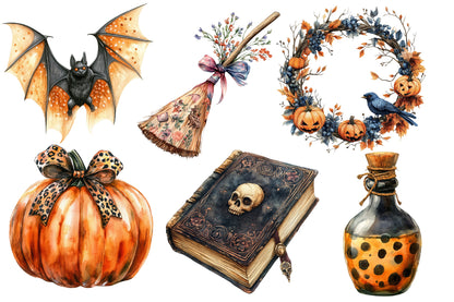 Whimsy Halloween Clipart PNG Bundle | Cute Witch, Ghost, Pumpkin, Cat, Bat & Haunted House | Spooky Watercolor PNG