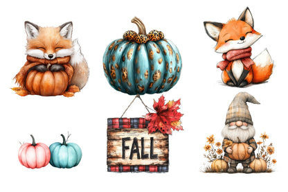 Whimsy Fall Clipart PNG Bundle | Cute Autumn Pumpkin, Fox, Mushroom, Leaves & Cozy Cottage Clipart