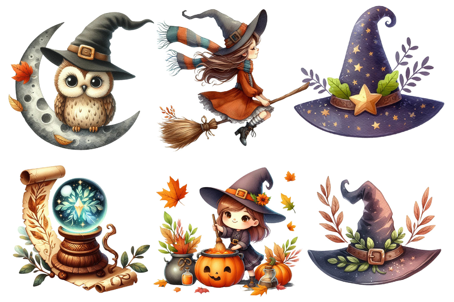 Witchy Autumn PNG Bundle | Cute Halloween Witch Clipart, Owl, Black Cat, Mushroom & Pumpkin PNG