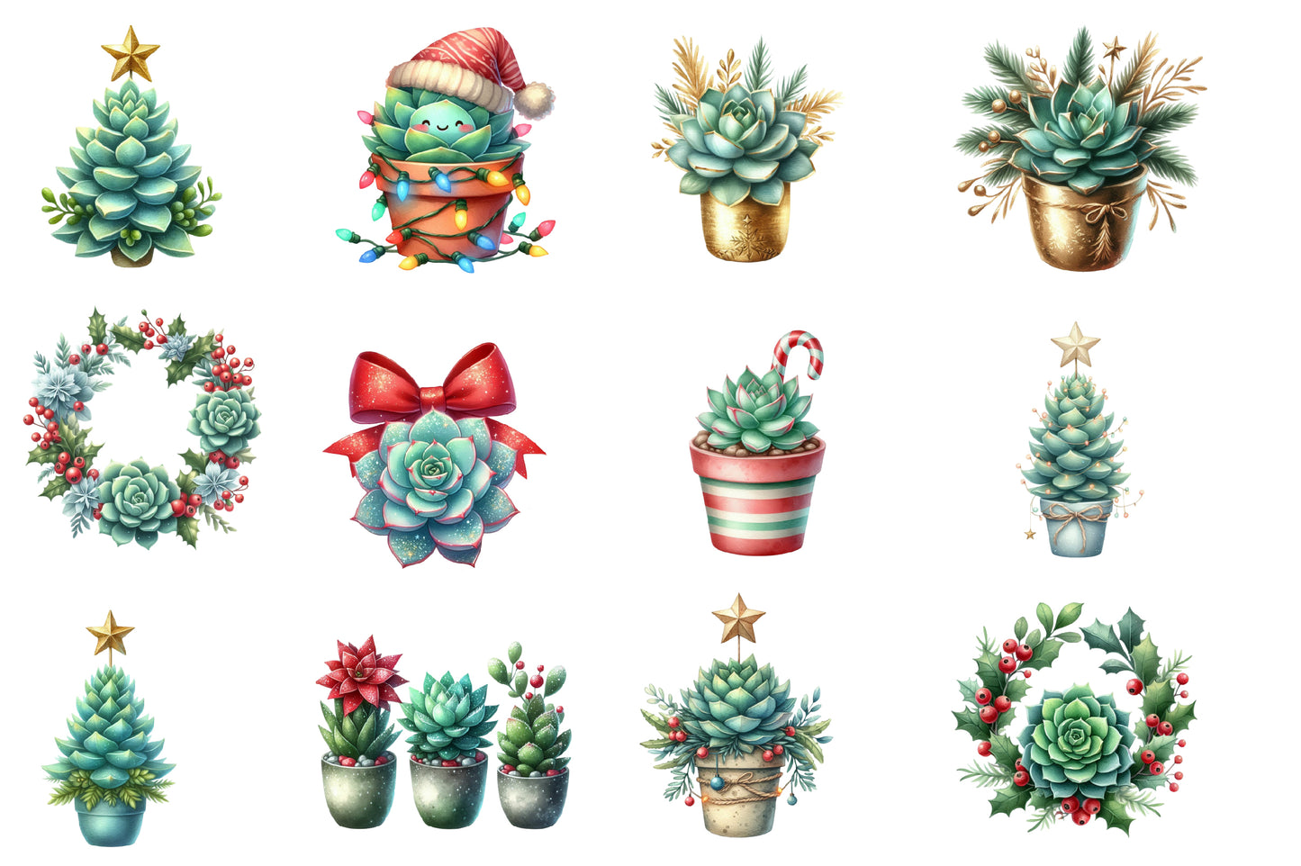 Christmas Succulent Clipart PNG Bundle | Watercolor Festive Succulent Clipart | Holiday Botanical Christmas PNG