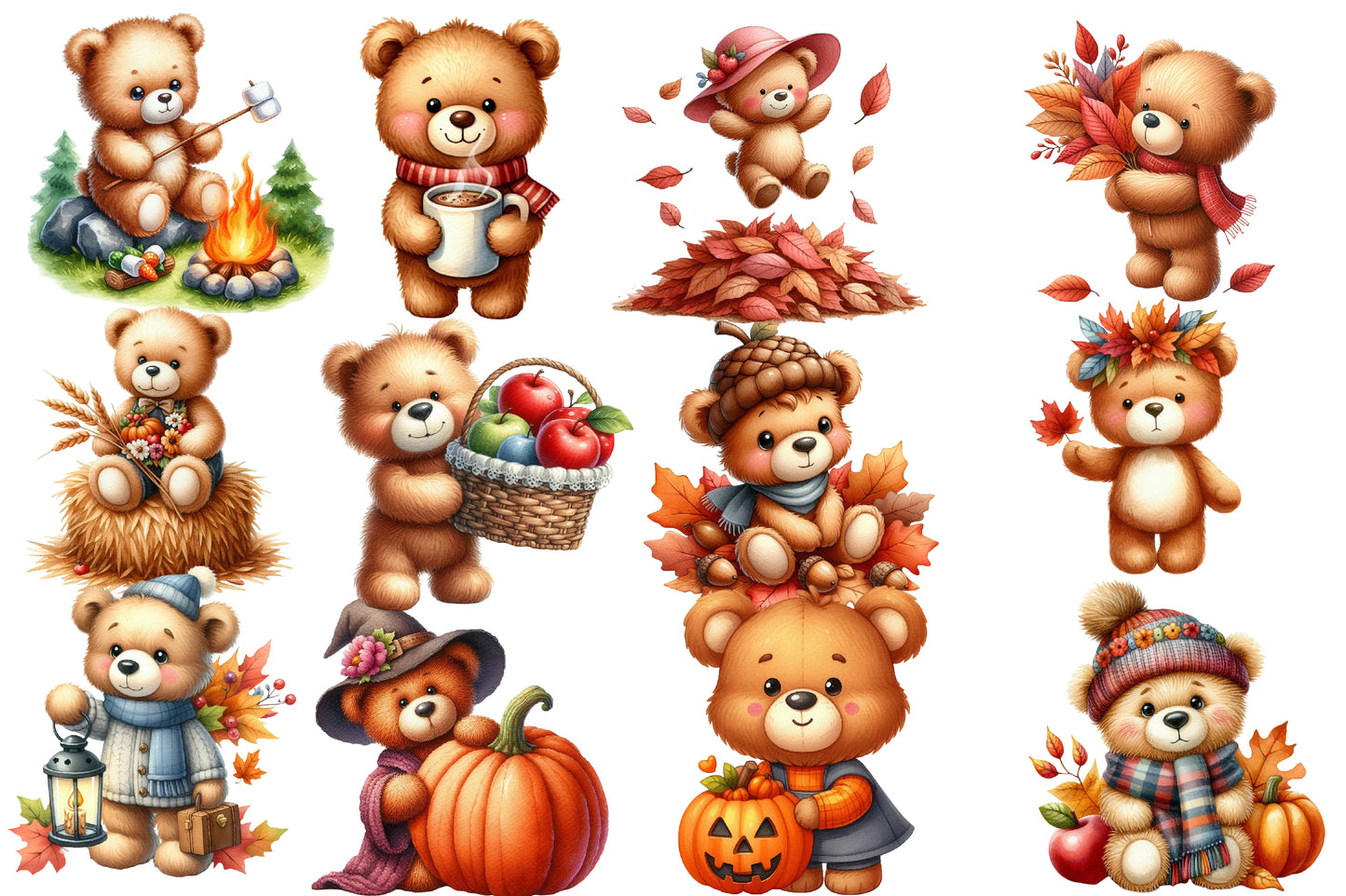 Autumn Teddy Bear Sublimation Clipart PNG Bundle | Watercolor Cozy Fall Teddy Bear Clipart | Rustic Harvest Bear PNG
