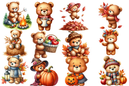 Autumn Teddy Bear Sublimation Clipart PNG Bundle | Watercolor Cozy Fall Teddy Bear Clipart | Rustic Harvest Bear PNG