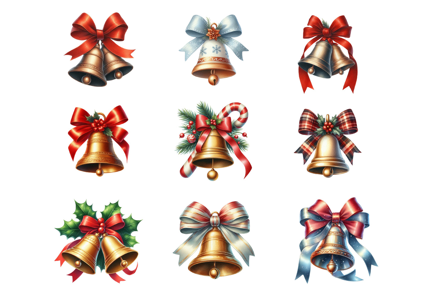 Christmas Bells & Ribbons Clipart Bundle PNG | Watercolor Festive Bells and Ribbon Clipart | Holiday Sublimation PNG