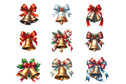 Christmas Bells & Ribbons Clipart Bundle PNG | Watercolor Festive Bells and Ribbon Clipart | Holiday Sublimation PNG