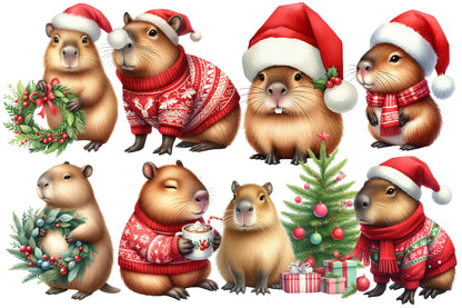 Christmas Capybara Clipart PNG Bundle | Watercolor Cute Christmas Capybara Clipart | Holiday Capybara Sublimation PNG