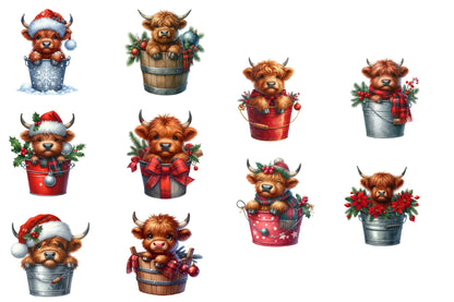 Christmas Highland Cows in Bucket Clipart PNG Bundle | Watercolor Cute Highland Cow in Bucket | Farmhouse Holiday Sublimation PNG