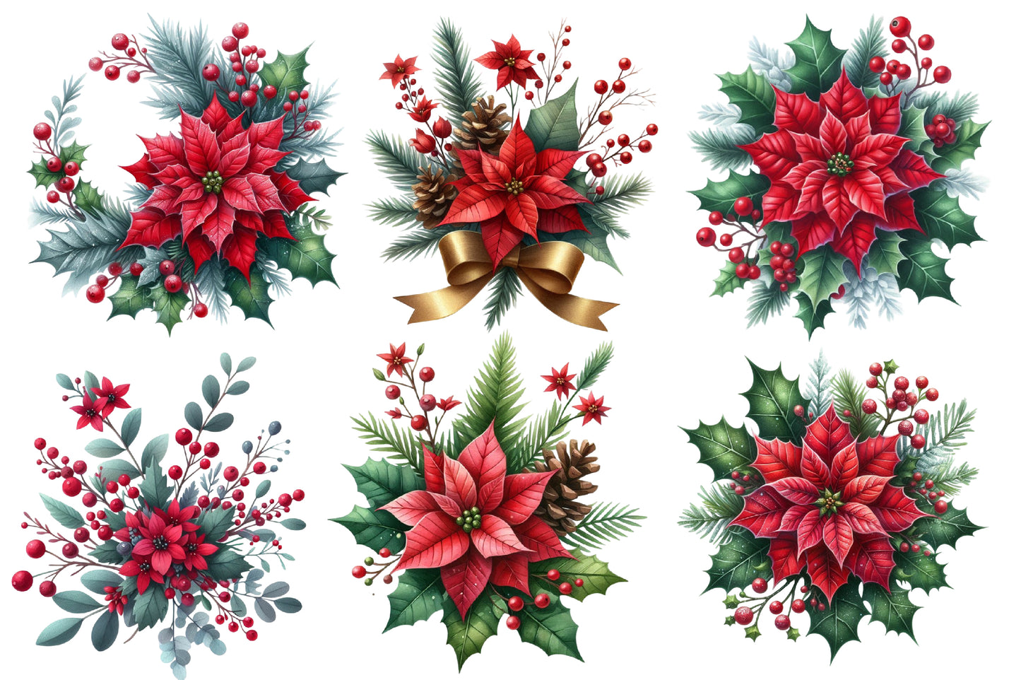 Christmas Flowers Clipart PNG Bundle | Watercolor Festive Christmas Flower Clipart | Holiday Floral Sublimation PNG